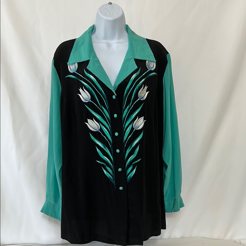 Bob Markle Women's Size 1X Floral Embroidered Black Green Colors Silk Blouse